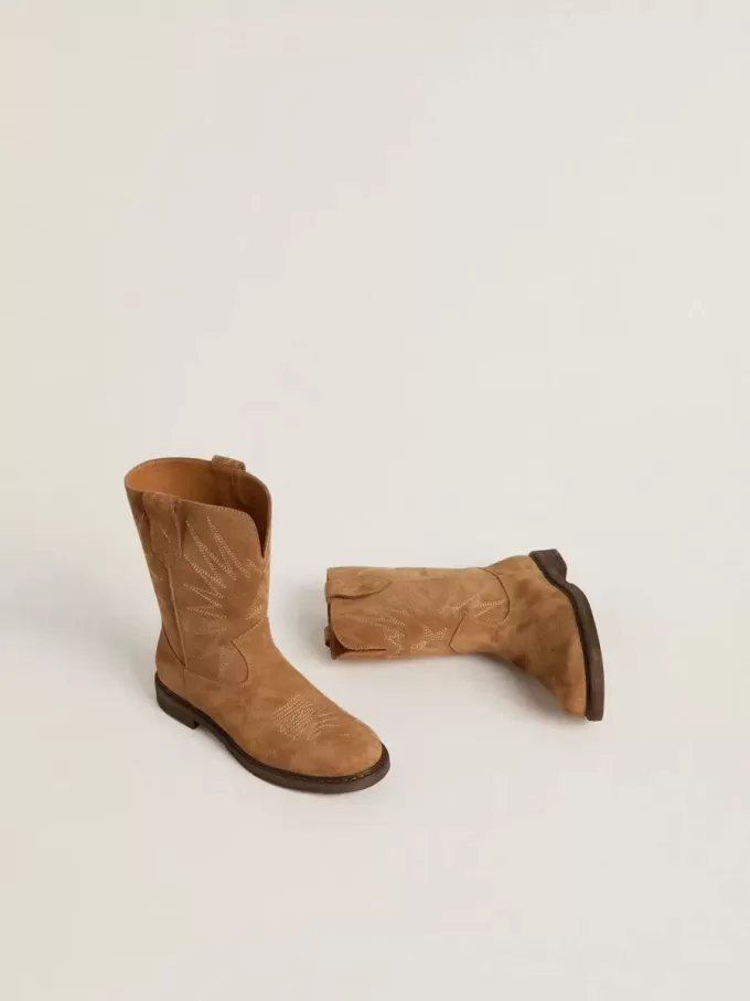 Stivali Wish Teen in pelle scamosciata color cammello con ricamo a stella