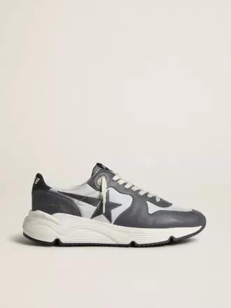 Suola da corsa da uomo in nylon grigio e pelle nappa nera con stella in pelle scamosciata nera