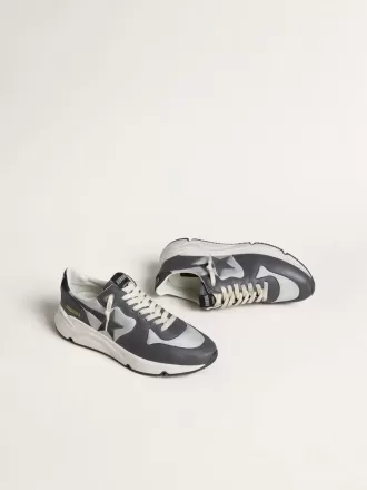 Suola da corsa da uomo in nylon grigio e pelle nappa nera con stella in pelle scamosciata nera
