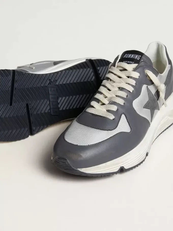 Suola da corsa da uomo in nylon grigio e pelle nappa nera con stella in pelle scamosciata nera Suola da corsa da uomo in nylon grigio e pelle nappa nera con stella in pelle scamosciata nera