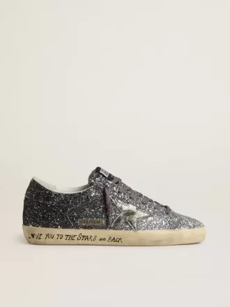 Super Star da donna con parte superiore glitterata e stella in pelle metallizzata argento