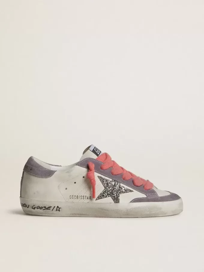 Super-Star da donna con stella glitterata argento e tallone in pelle scamosciata lilla