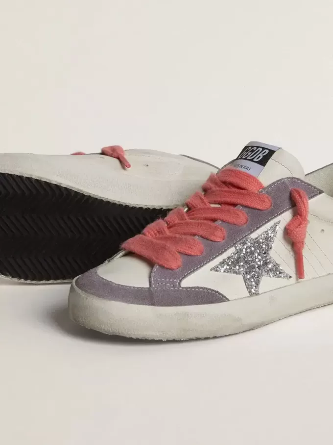 Super-Star da donna con stella glitterata argento e tallone in pelle scamosciata lilla