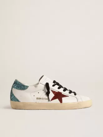 Super-Star da donna con stella in pelle scamosciata bordeaux e linguetta sul tallone con glitter azzurri