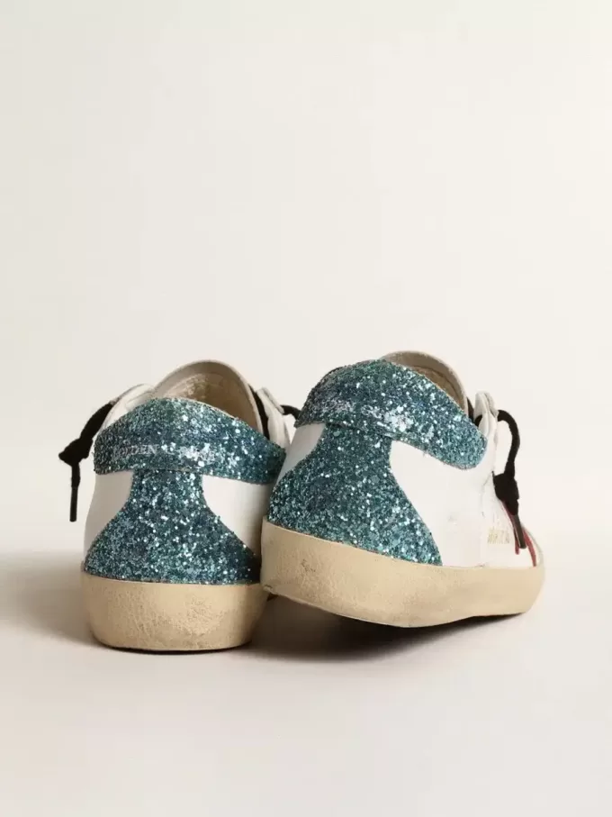 Super-Star da donna con stella in pelle scamosciata bordeaux e linguetta sul tallone con glitter azzurri