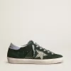Super-Star da donna in camoscio verde, stella glitterata argento e linguetta in pelle sul tallone Super-Star da donna in camoscio verde, stella glitterata argento e linguetta in pelle sul tallone