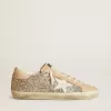Super-Star da donna in glitter argento con stella e linguetta sul tallone in pelle