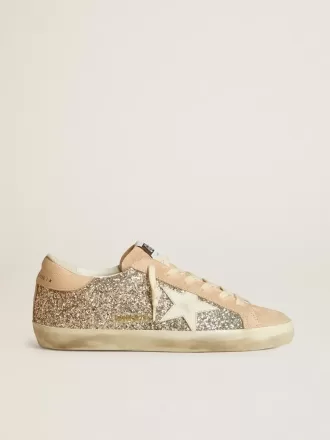 Super-Star da donna in glitter argento con stella e linguetta sul tallone in pelle