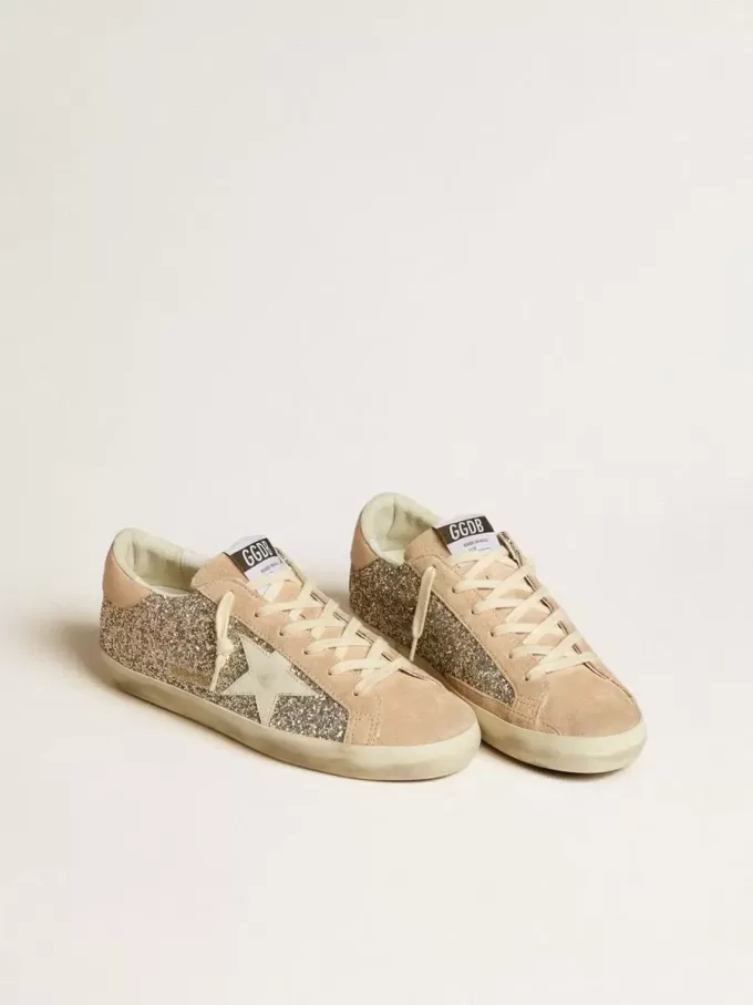 Super-Star da donna in glitter argento con stella e linguetta sul tallone in pelle