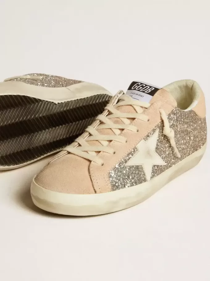 Super-Star da donna in glitter argento con stella e linguetta sul tallone in pelle