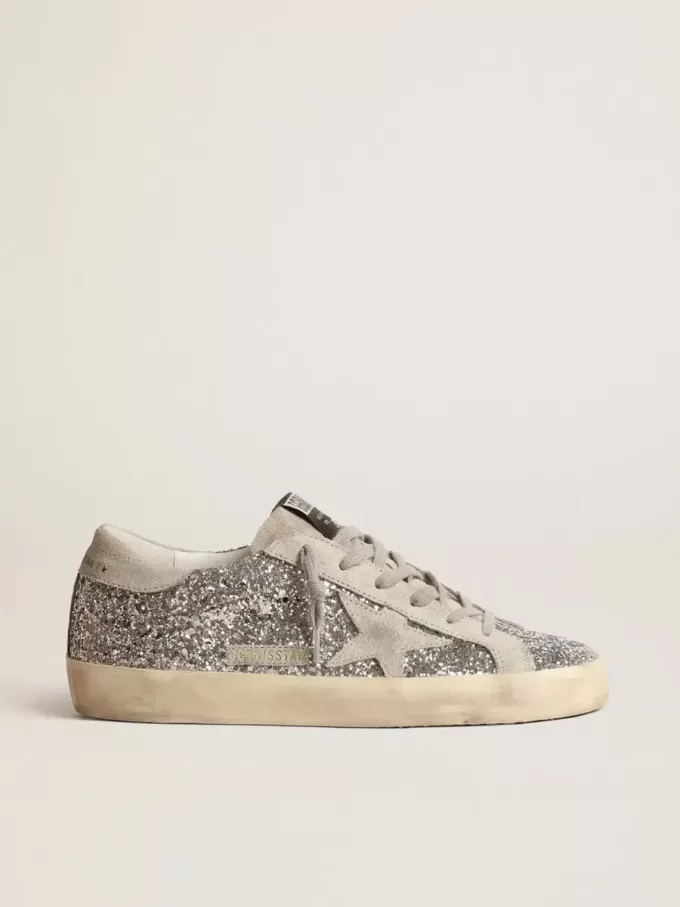 Super-Star da donna in glitter argento con stella in camoscio grigio ghiaccio