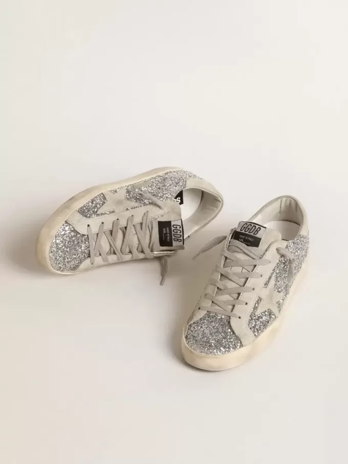 Super-Star da donna in glitter argento con stella in camoscio grigio ghiaccio