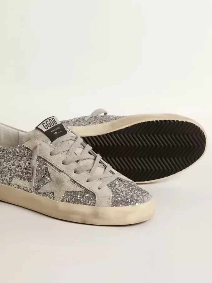 Super-Star da donna in glitter argento con stella in camoscio grigio ghiaccio