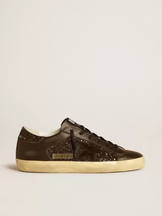 Super-Star da donna in glitter nero con stella in camoscio nero e inserti in pelle