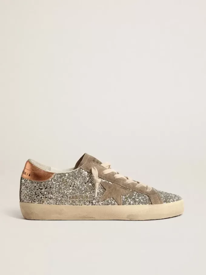 Super-Star da donna in glitter platino con stella in camoscio grigio tortora Super-Star da donna in glitter platino con stella in camoscio grigio tortora