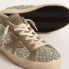 Super-Star da donna in glitter platino con stella in camoscio grigio tortora Super-Star da donna in glitter platino con stella in camoscio grigio tortora