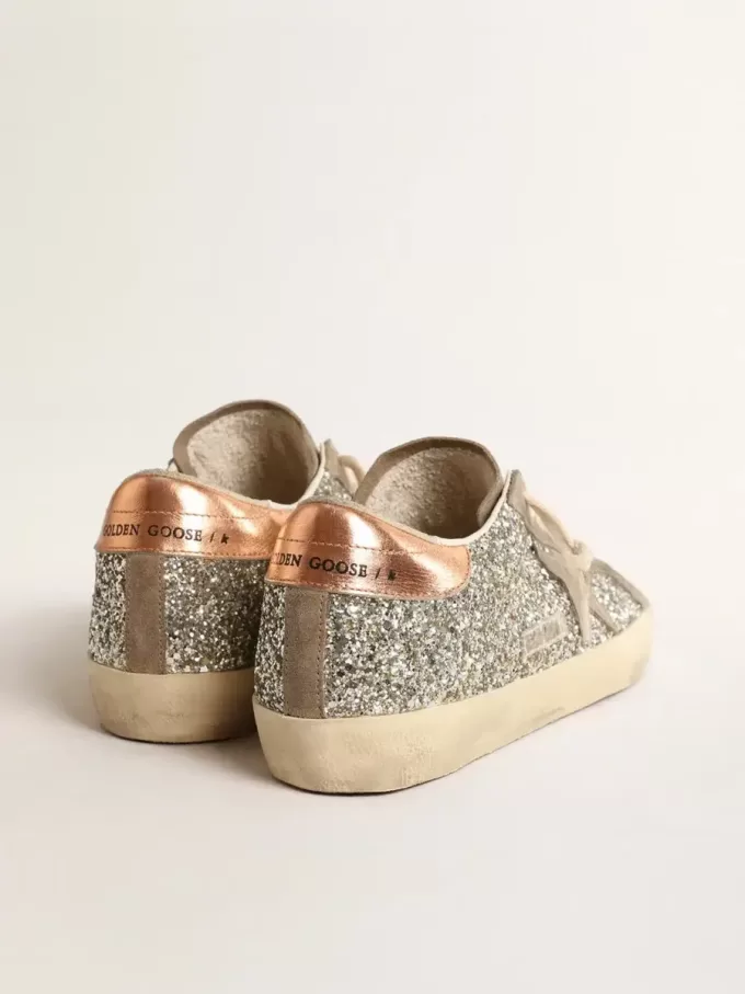 Super-Star da donna in glitter platino con stella in camoscio grigio tortora Super-Star da donna in glitter platino con stella in camoscio grigio tortora