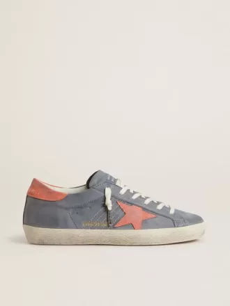 Super Star da donna in nabuk blu con stella e linguetta sul tallone in pelle scamosciata rosa
