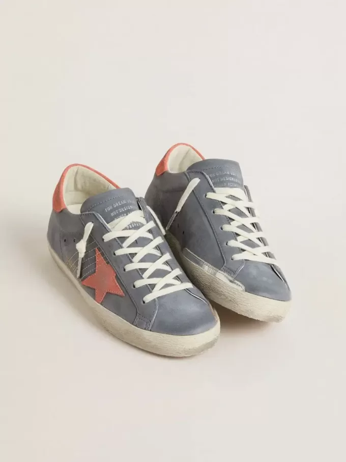 Super Star da donna in nabuk blu con stella e linguetta sul tallone in pelle scamosciata rosa