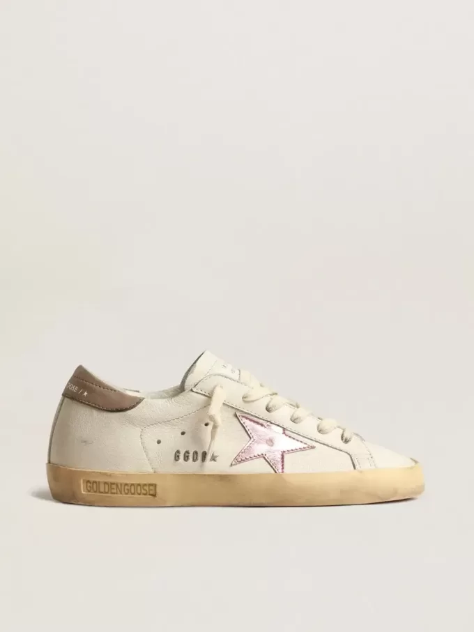 Super-Star da donna in nappa bianca con stella in pelle metallizzata rosa