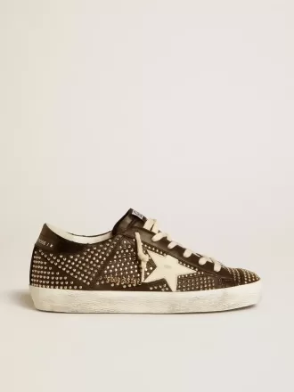 Super-Star da donna in nappa nera con borchie e stella in pelle bianca