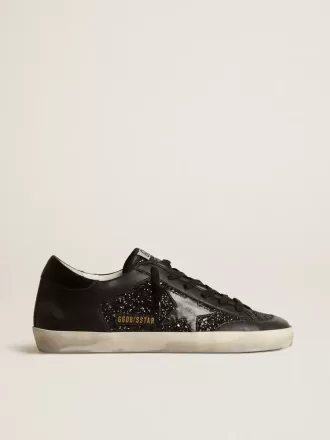 Super-Star da donna in nappa nera e glitter con stella in pelle nera lucida