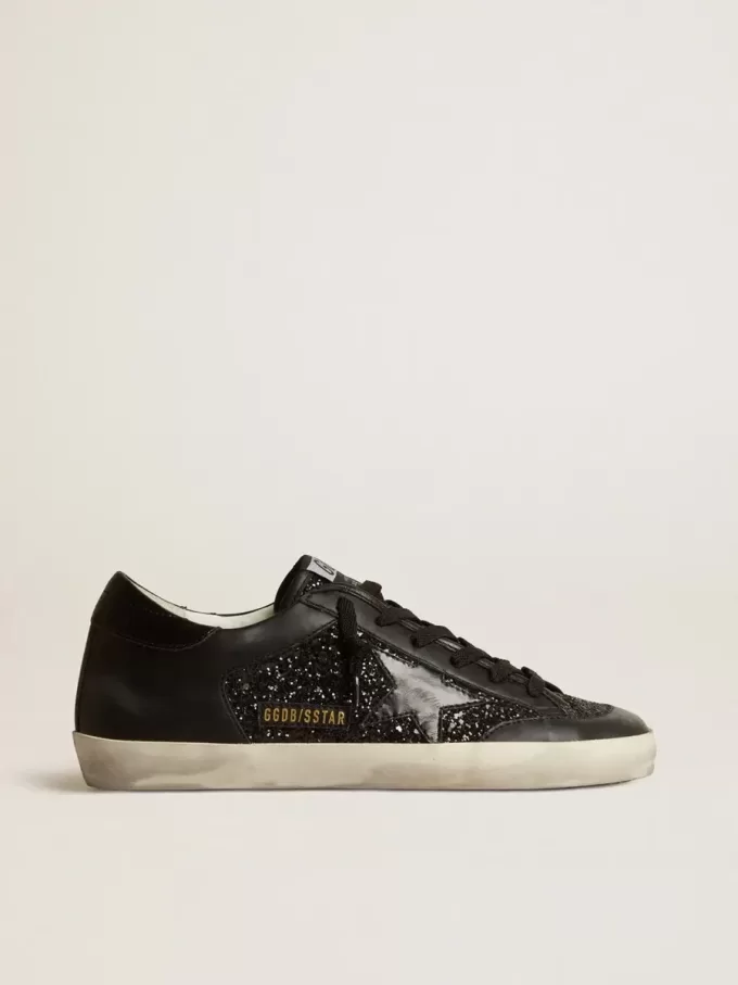 Super-Star da donna in nappa nera e glitter con stella in pelle nera lucida