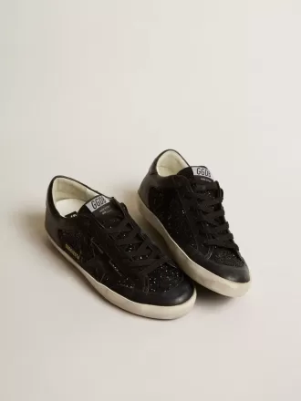 Super-Star da donna in nappa nera e glitter con stella in pelle nera lucida