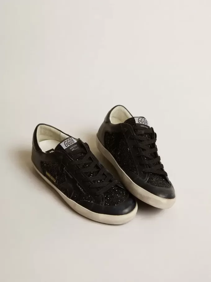 Super-Star da donna in nappa nera e glitter con stella in pelle nera lucida