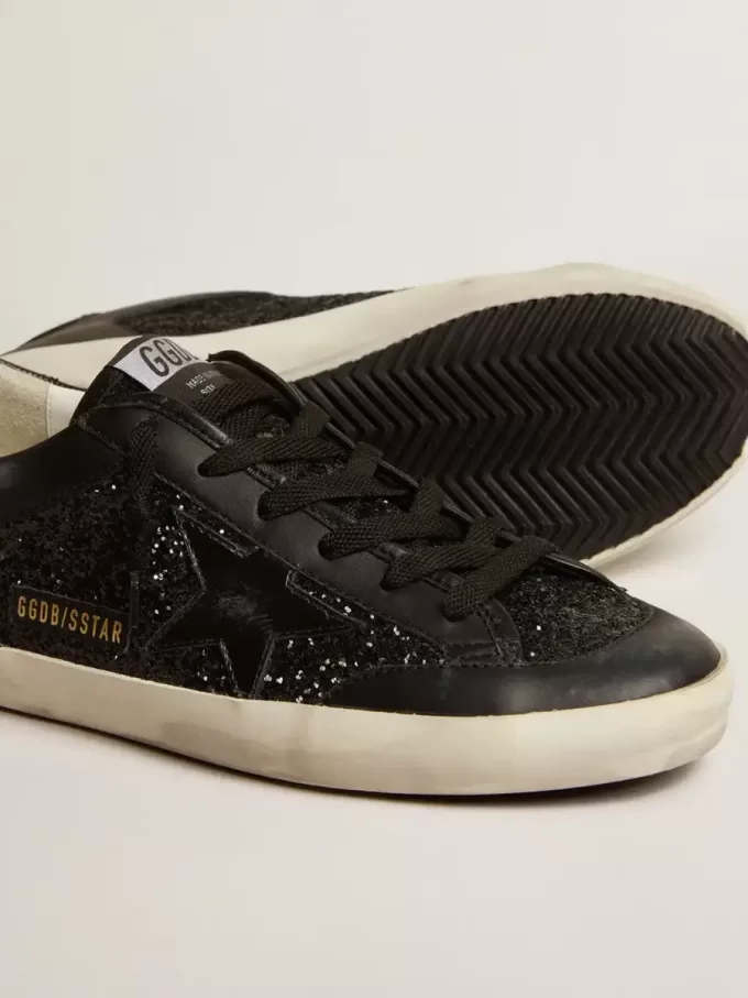 Super-Star da donna in nappa nera e glitter con stella in pelle nera lucida