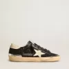 Super-Star da donna in nero glitterato e nappa con stella e tallone in pelle color crema Super-Star da donna in nero glitterato e nappa con stella e tallone in pelle color crema
