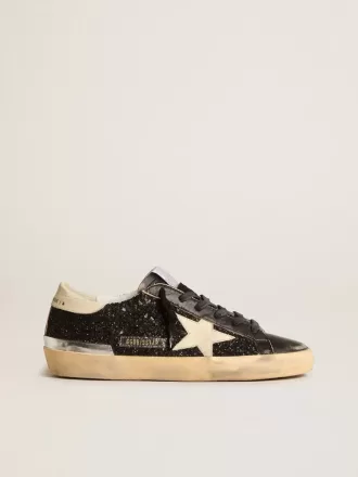 Super-Star da donna in nero glitterato e nappa con stella e tallone in pelle color crema