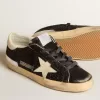 Super-Star da donna in nero glitterato e nappa con stella e tallone in pelle color crema Super-Star da donna in nero glitterato e nappa con stella e tallone in pelle color crema