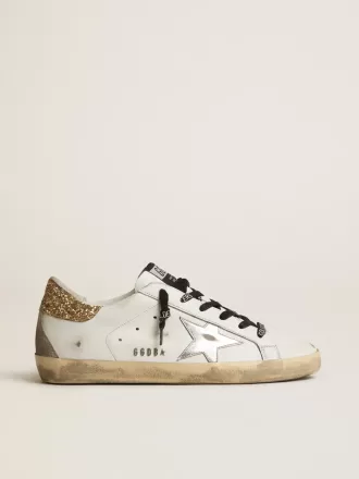Super-Star da donna in pelle bianca con tallone glitterato