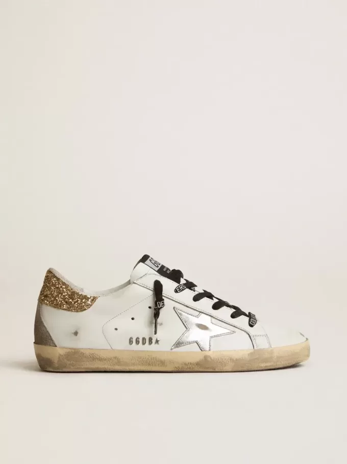 Super-Star da donna in pelle bianca con tallone glitterato Super-Star da donna in pelle bianca con tallone glitterato
