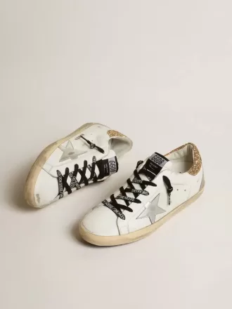 Super-Star da donna in pelle bianca con tallone glitterato