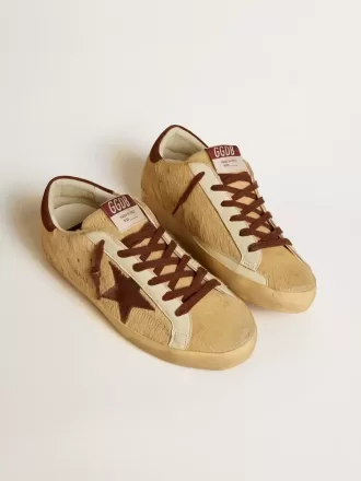 Super-Star da donna in pelle di cavallino beige con stella e linguetta sul tallone in pelle scamosciata marrone Super-Star da donna in pelle di cavallino beige con stella e linguetta sul tallone in pelle scamosciata marrone