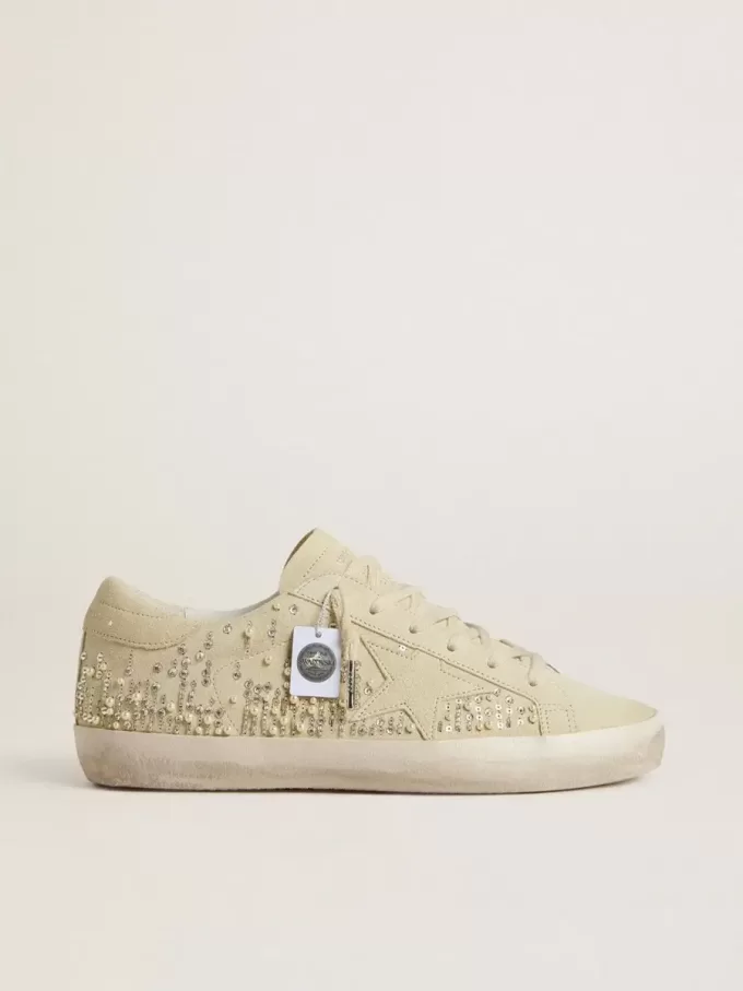 Super-Star da donna in pelle scamosciata beige con perle e cristalli Swarovski Super-Star da donna in pelle scamosciata beige con perle e cristalli Swarovski