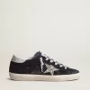 Super-Star da donna in pelle scamosciata blu, stella glitterata argento e tallone in pelle Super-Star da donna in pelle scamosciata blu, stella glitterata argento e tallone in pelle