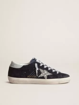 Super-Star da donna in pelle scamosciata blu, stella glitterata argento e tallone in pelle Super-Star da donna in pelle scamosciata blu, stella glitterata argento e tallone in pelle