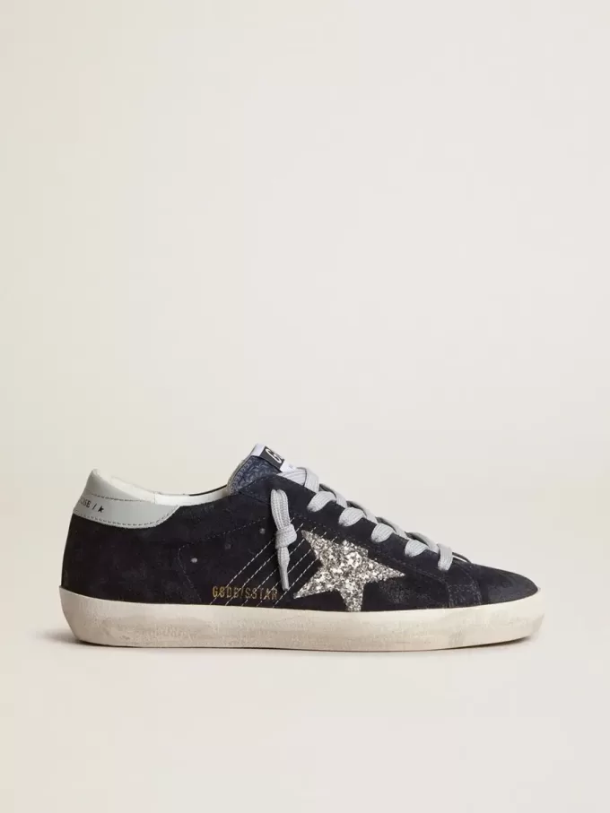Super-Star da donna in pelle scamosciata blu, stella glitterata argento e tallone in pelle Super-Star da donna in pelle scamosciata blu, stella glitterata argento e tallone in pelle