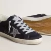 Super-Star da donna in pelle scamosciata blu, stella glitterata argento e tallone in pelle Super-Star da donna in pelle scamosciata blu, stella glitterata argento e tallone in pelle