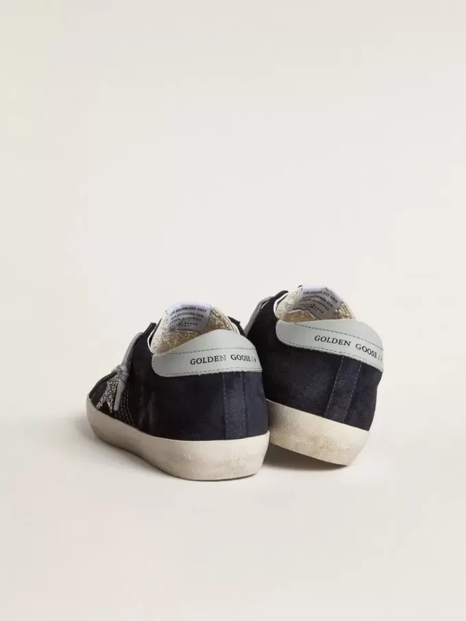Super-Star da donna in pelle scamosciata blu, stella glitterata argento e tallone in pelle Super-Star da donna in pelle scamosciata blu, stella glitterata argento e tallone in pelle