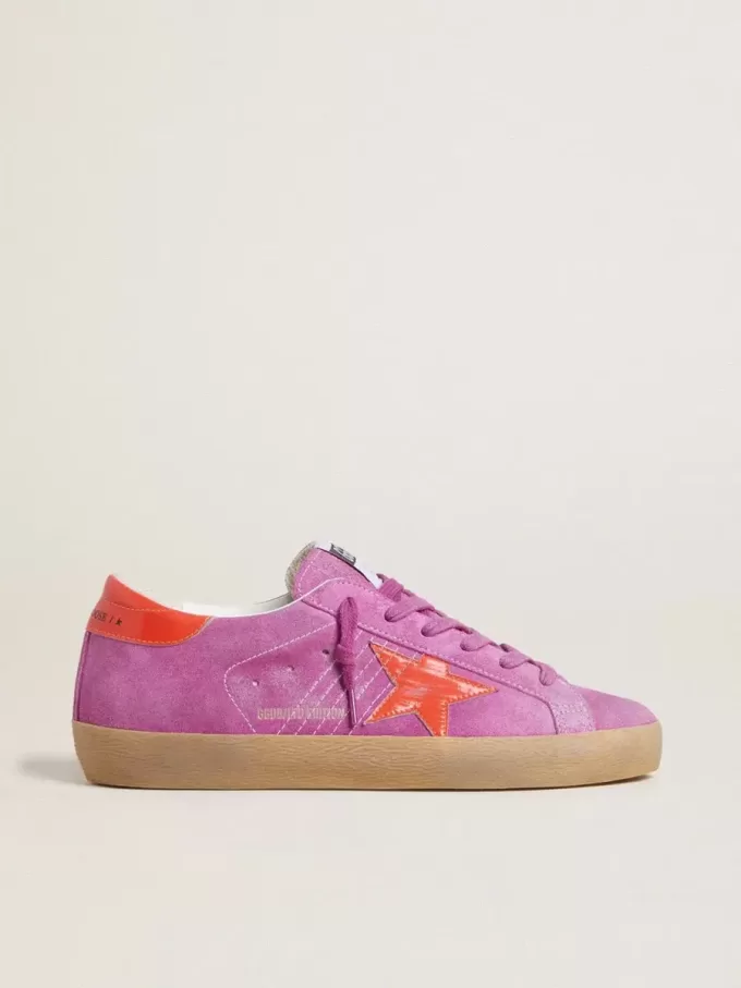 Super-Star da donna in pelle scamosciata fucsia con stella e tallone in pelle laminata arancione fluorescente Super-Star da donna in pelle scamosciata fucsia con stella e tallone in pelle laminata arancione fluorescente