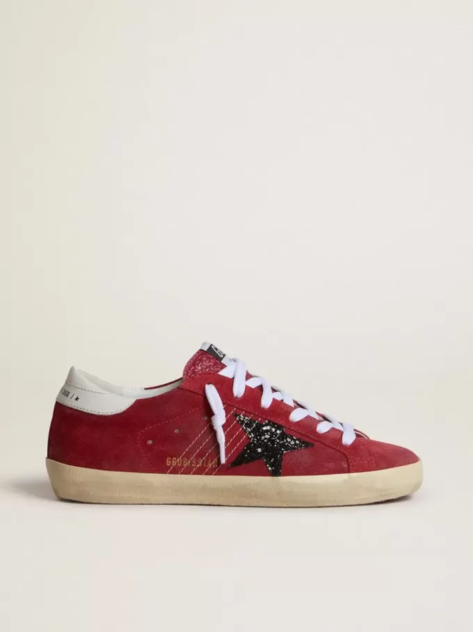 Super-Star da donna in pelle scamosciata rossa con stella glitterata e tallone bianco