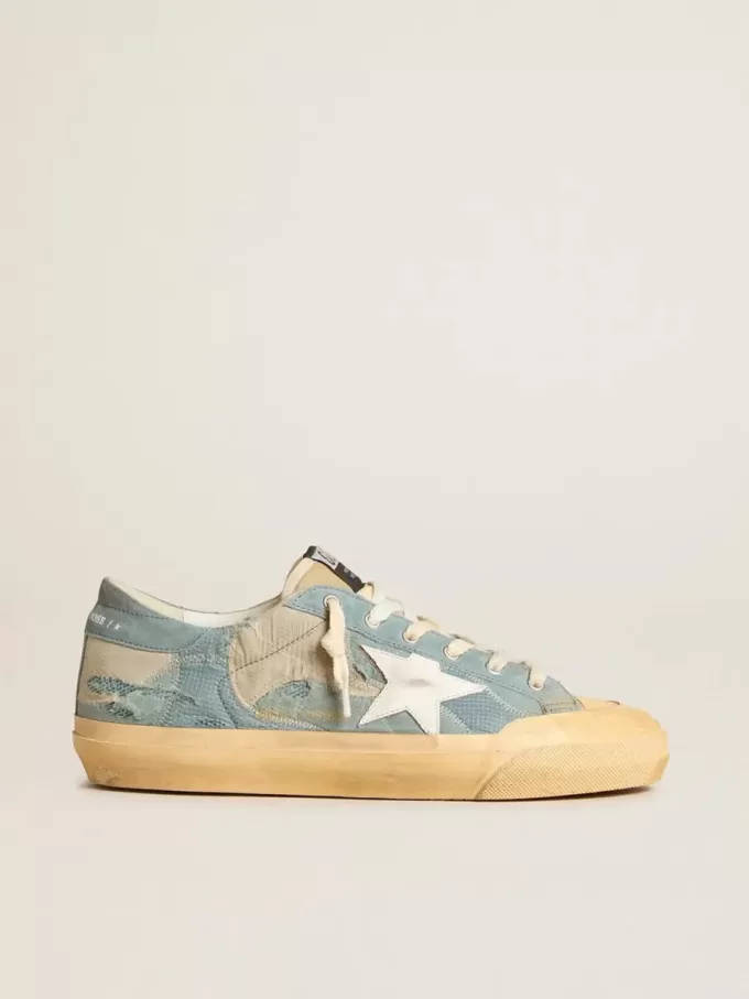 Super-Star da uomo in mesh azzurro e nylon con stella in pelle bianca Super-Star da uomo in mesh azzurro e nylon con stella in pelle bianca
