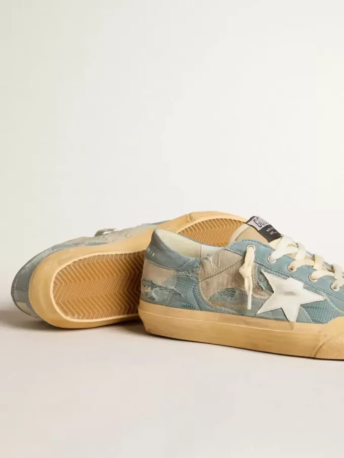Super-Star da uomo in mesh azzurro e nylon con stella in pelle bianca Super-Star da uomo in mesh azzurro e nylon con stella in pelle bianca