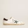 Super-Star da uomo in pelle bianca con stella verde e linguetta sul tallone con stampa animalier Super-Star da uomo in pelle bianca con stella verde e linguetta sul tallone con stampa animalier