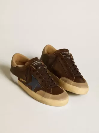 Super-Star da uomo in pelle con stella in pelle blu e linguetta sul tallone in nabuk beige Super-Star da uomo in pelle con stella in pelle blu e linguetta sul tallone in nabuk beige