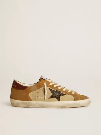Super-Star da uomo in pelle scamosciata beige e caramello con stella in pelle nera craquelé Super-Star da uomo in pelle scamosciata beige e caramello con stella in pelle nera craquelé